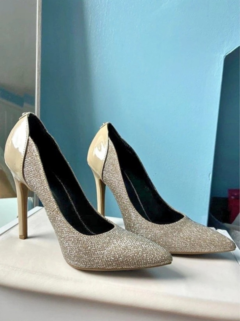 G By GUESS Pointed-Toe Gold Heels